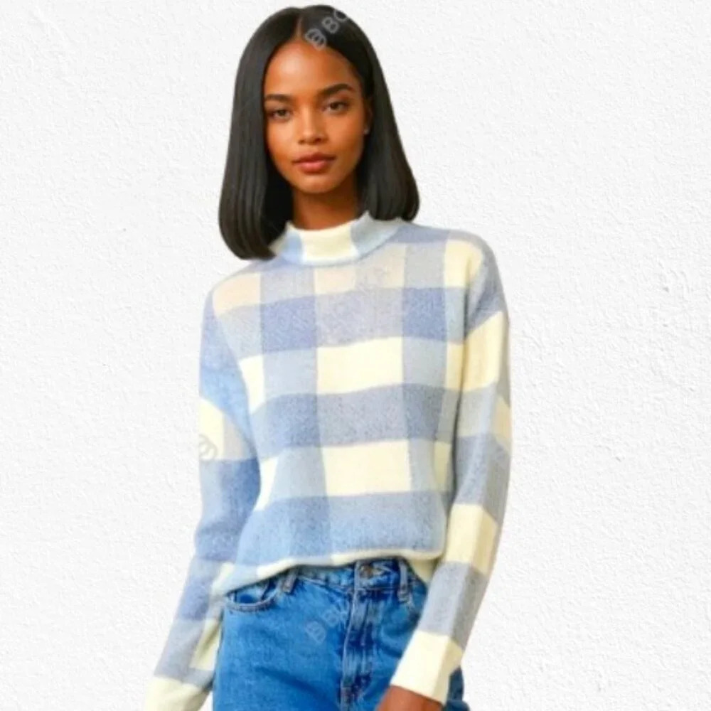 Christian Siriano Plaid Women’s Top in Blue and Cream